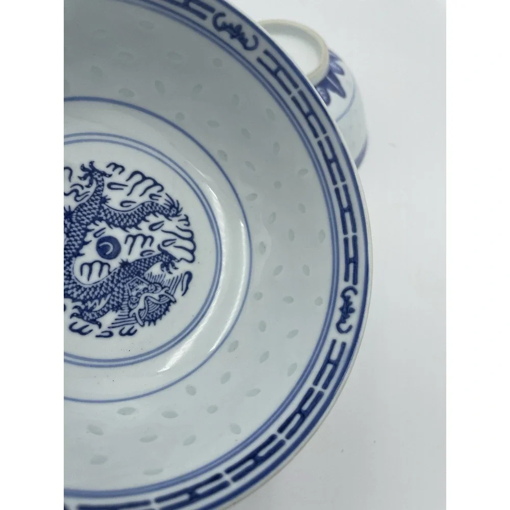 Lot of 2 Vintage Chinese Blue and White Rice‎ Grain Bowls with Dragon 6
